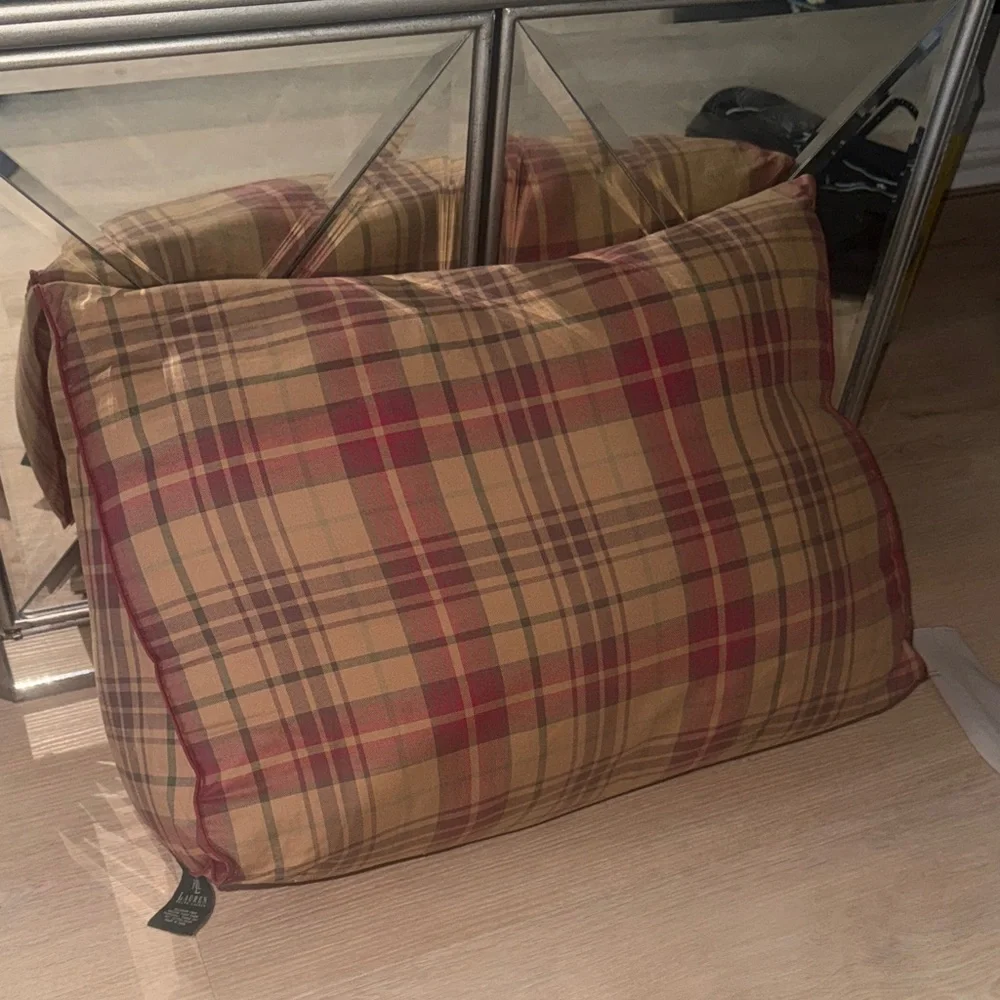 Ralph Lauren  Plaid bed/lounge decor pillows in red and tan. Two pillows.